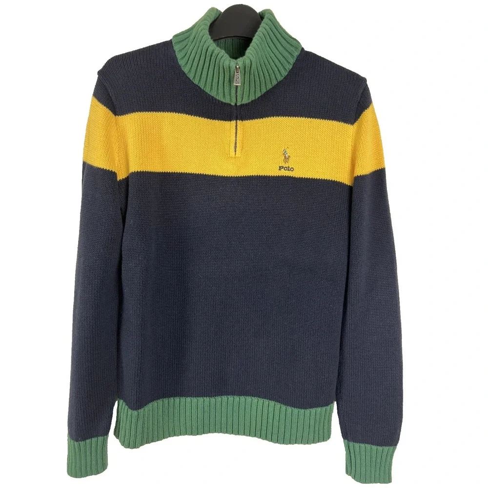 Polo Ralph Lauren Quarter Zip Sweater Boys XL Navy Yellow‎ Green Striped A33
